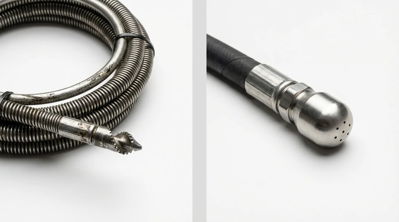 Drain snake cable and hydro jetting nozzle used for drain cleaning in Syosset, NY