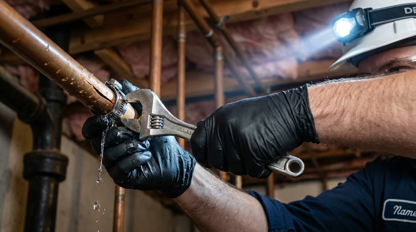 Emergency pipe clamp repair being performed by a Johns Plumbing LLC plumber in Syosset