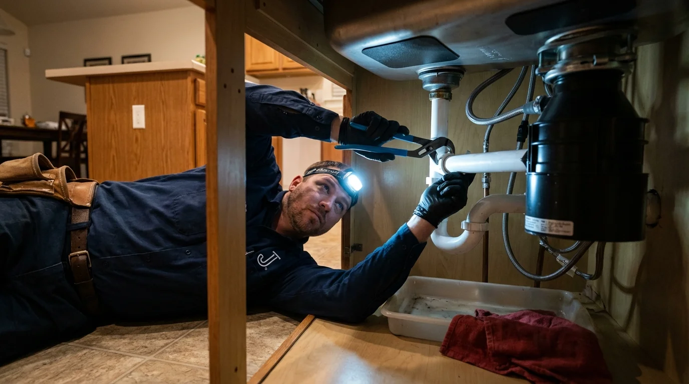 P-trap and supply line connections under a kitchen sink showing a common leak point in Syosset, NY